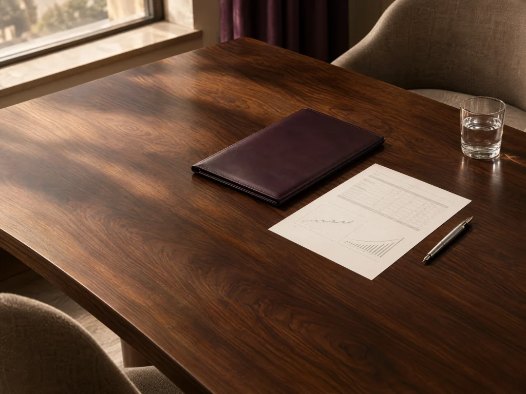 Insight Cipher Decision Table A walnut meeting table with a plum folio and financial papers in soft natural light.
