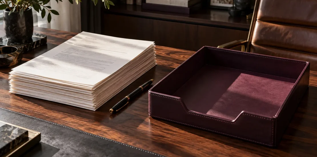 A stack of business papers beside an empty plum leather tray on a walnut desk.