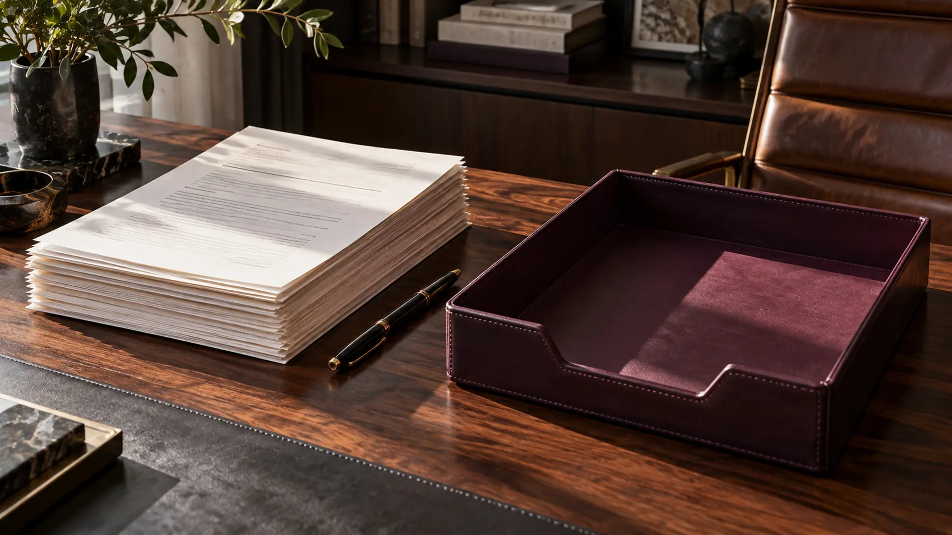 A stack of business papers beside an empty plum leather tray on a walnut desk.