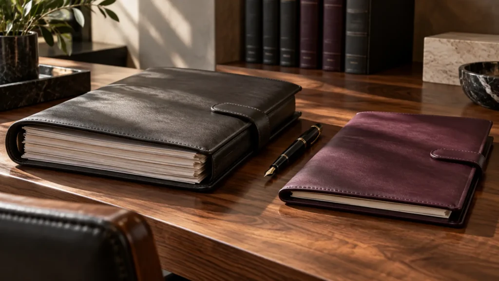 A thick charcoal folio and a slimmer plum folio side by side on a law office desk.