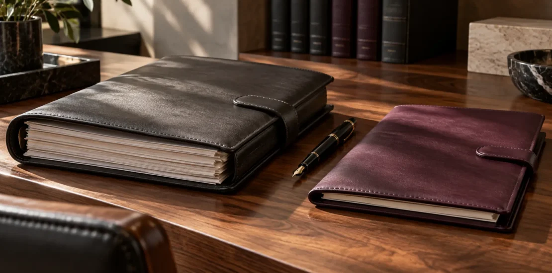 A thick charcoal folio and a slimmer plum folio side by side on a law office desk.