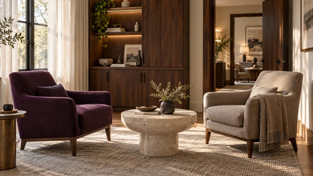 Plum and taupe armchairs around a stone table in a warmly lit therapy office.
