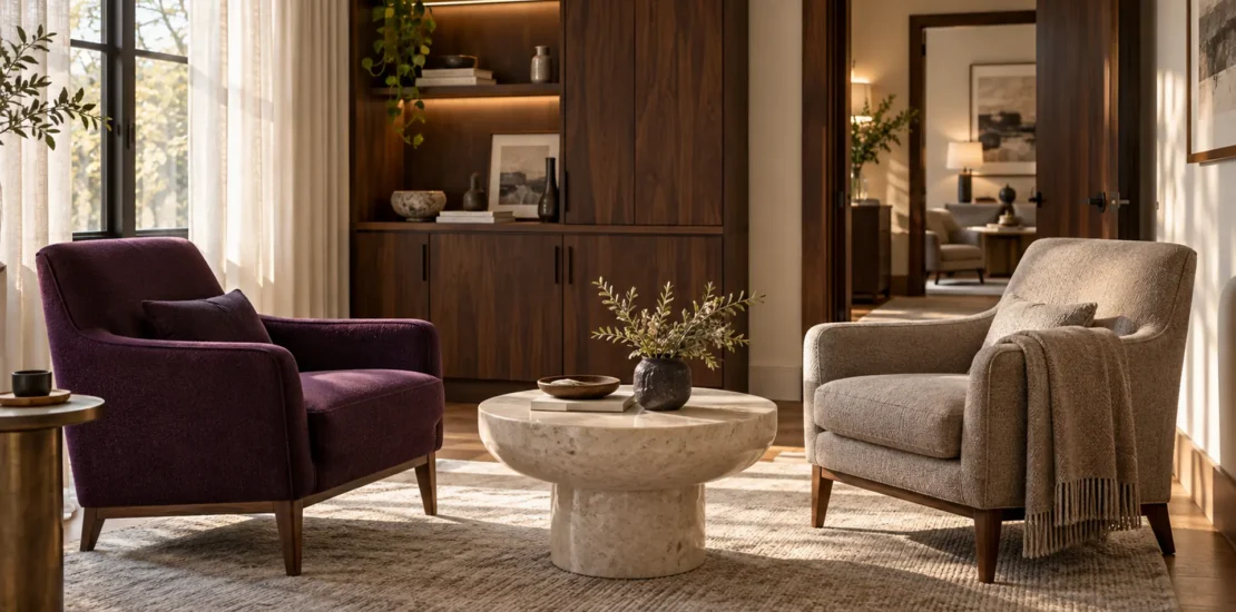 Plum and taupe armchairs around a stone table in a warmly lit therapy office.