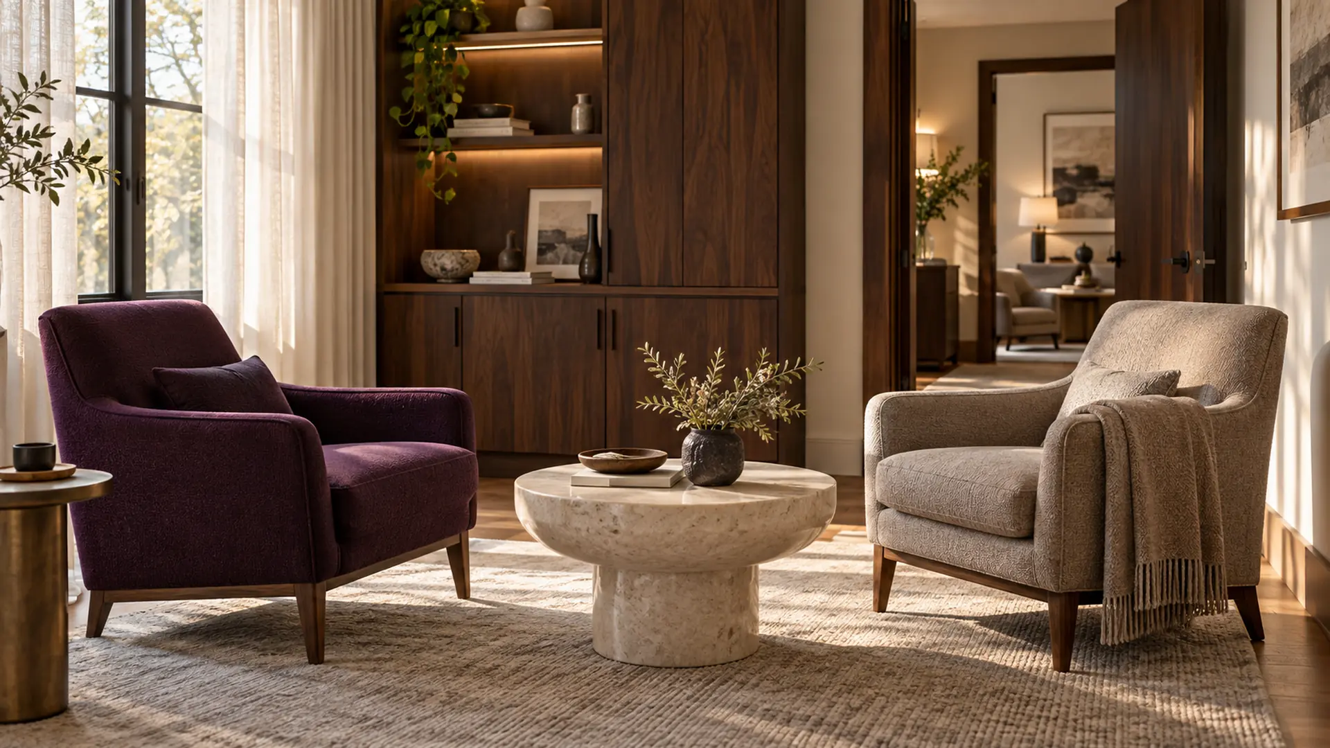 Plum and taupe armchairs around a stone table in a warmly lit therapy office.