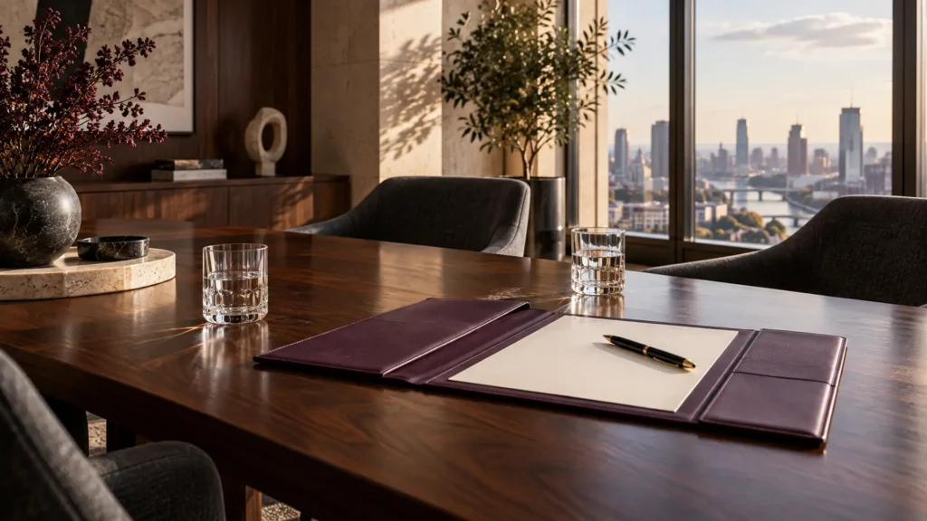 A plum leather folio on a walnut meeting table overlooking a city skyline.
