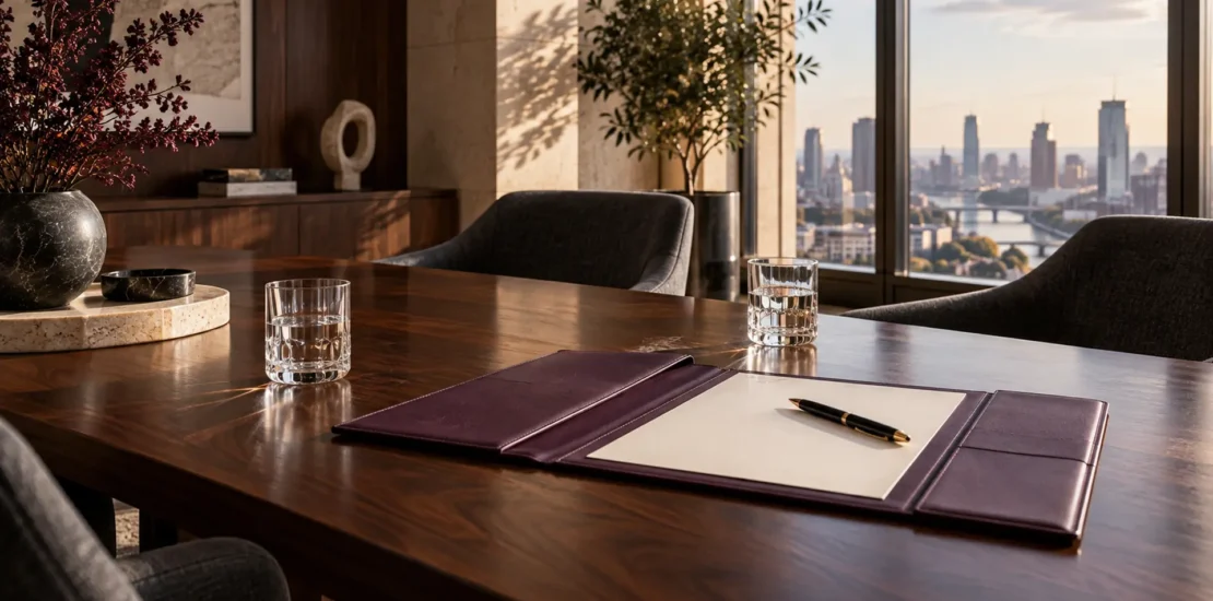 A plum leather folio on a walnut meeting table overlooking a city skyline.