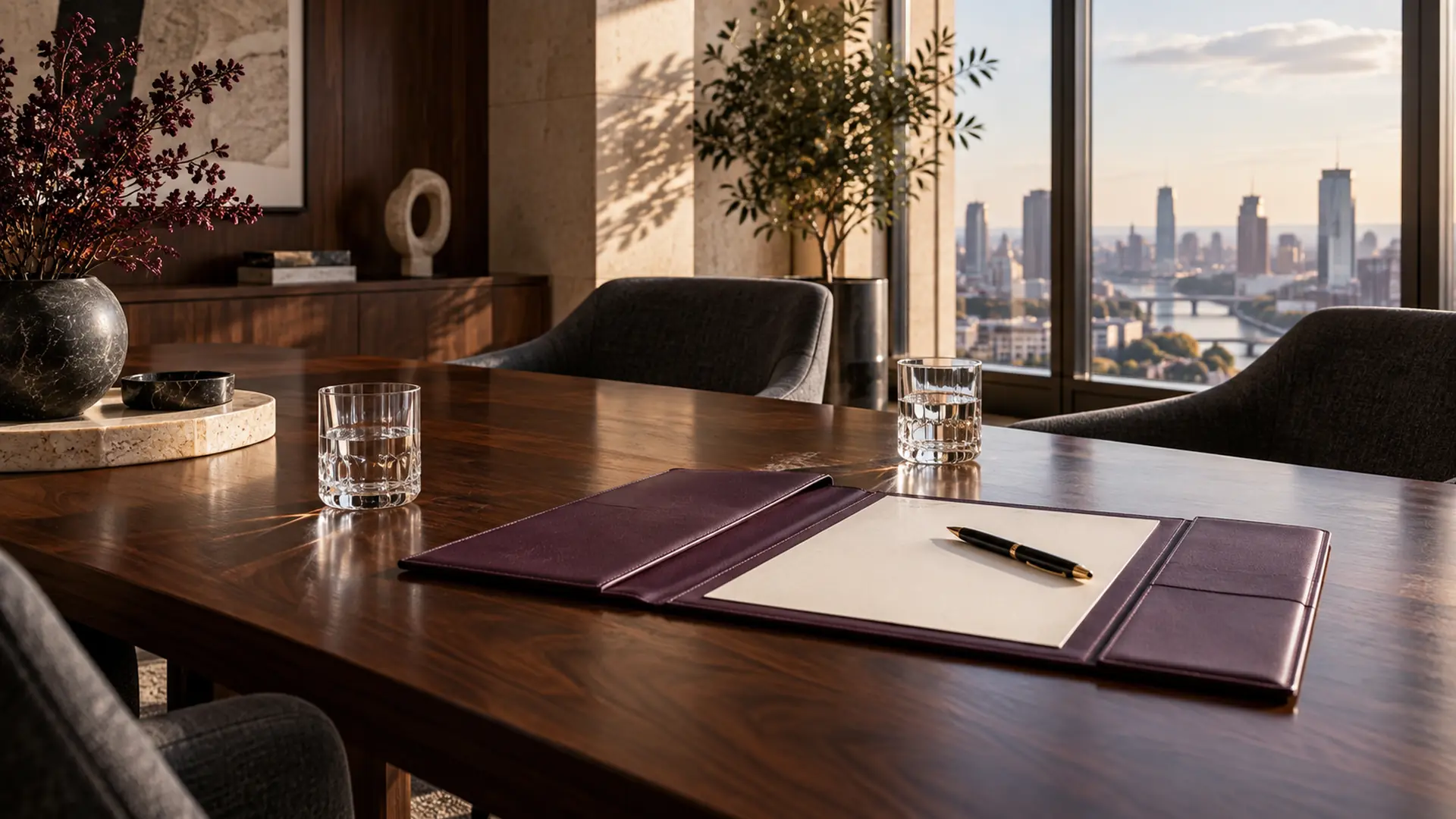 A plum leather folio on a walnut meeting table overlooking a city skyline.