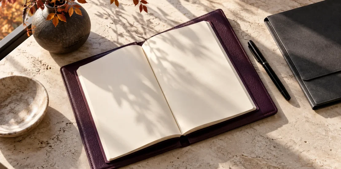 An open plum leather planner with blank pages, a pen, and autumn foliage on a stone desk.